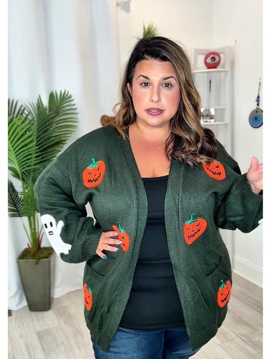 BloomChic Sweaters - Plus Dark Green Pumpkin & Ghost Knit Cardigan